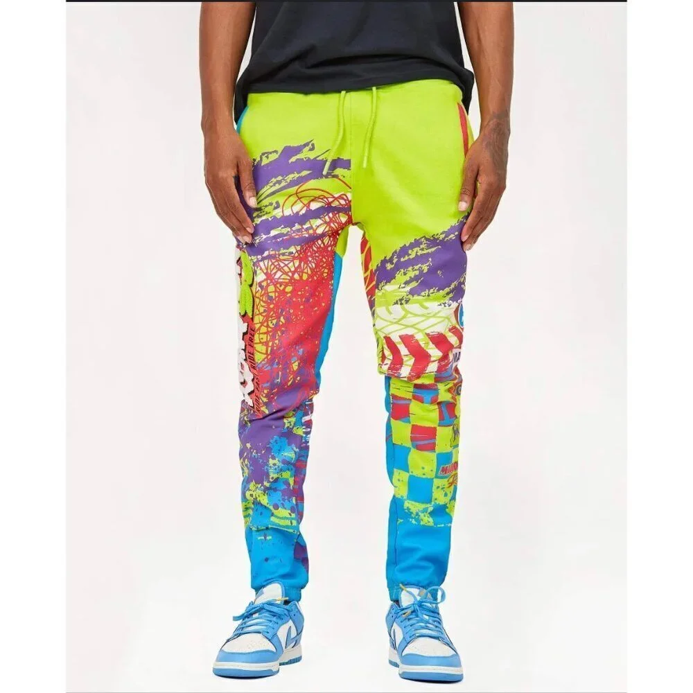 Maison Noir Moto club Men's Pants XL Fleece Joggers all over print Neon Yellow